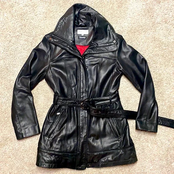 Vintage 90s Lined Belted Genuine Leather Jacket Trench Coat - Picture 1 of 8